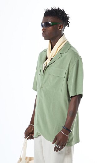 VAMOSCLO Oversize Double Pocket Short Sleeve Linen Shirt Khaki