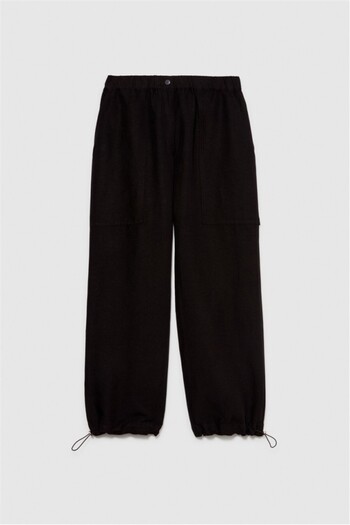 Sisley Linen Blended Elastic Waist Drawstring Trousers Women's Black Trousers - 324P40Brlf051
