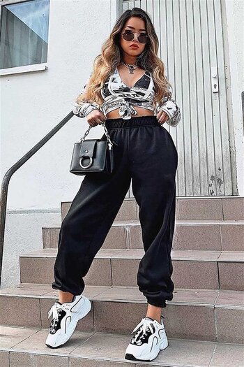 Madmext Mad Girls Siyah Paça Lastikli Oversize Kadın Eşofman Mg324