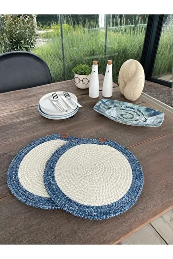homeınn 2-Person Round American Service Stain Resistant - Plate Blue/White 33X33 cm