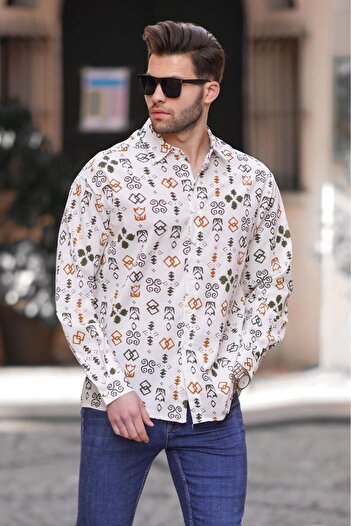 Madmext Khaki Patterned Long Sleeve Oversize Men's Shirt 6731