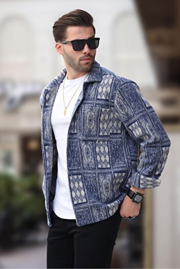 Madmext Ανδρικό πουκάμισο Fleece 6751 - Navy Blue με στάμπα και μονή τσέπη
