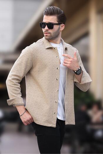 Madmext Ανδρικό πουκάμισο Fleece - Camel Pattern, Single Pocket, Model 6752