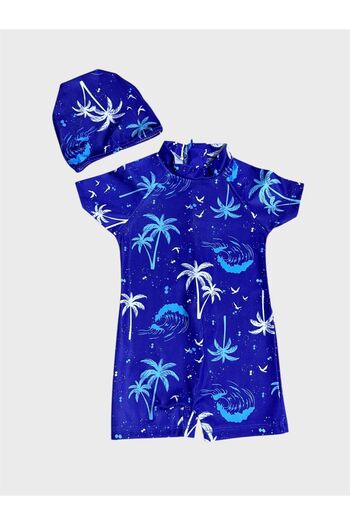 ALİŞ KİDS Boy's Blue Palm Patterned Bonnet Short Sleeve Protected Swimsuit
