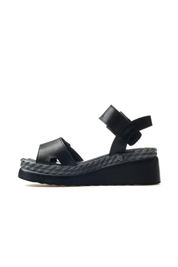 Venüs Women's Genuine Leather Wedge Heeled Daily Sandals 25Y 2512303 Y Z Black/Platinum