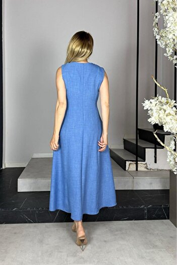 gesmoda G1385 Chain Detailed Sleeveless Linen Dress Indigo