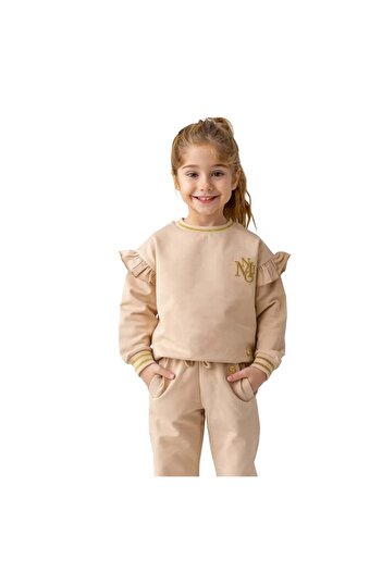 Zeyland Girl's Ruffled Sleeve Sweatshirt-Beige