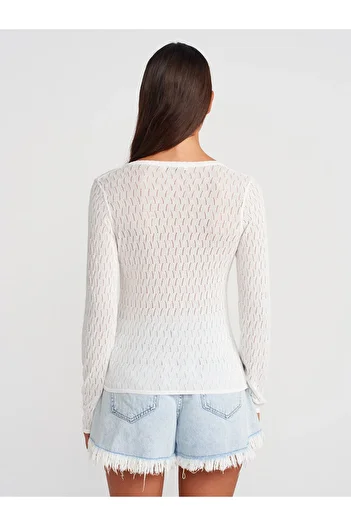 Dilvin 60969 V-Neck Openwork Button Slim Knitwear Cardigan-Ecru
