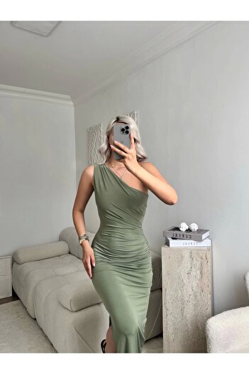Zora Butik Tek Omuz Zeytin Yeşili Midi Elbise
