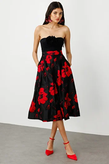 Ekol Patterned Pleated Midi Length Skirt Red