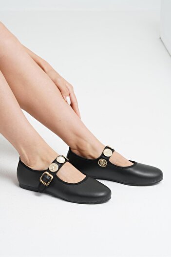 Beyond Women's Black Coin Buckle Leather Ballerinas Byndpt01