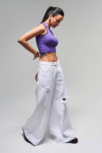 its basic Γυναικείο λευκό χρώμα 13s5-2 Elephant Leg Loose Cut 100% Cotton Ripped Λεπτομερές τζιν τζιν