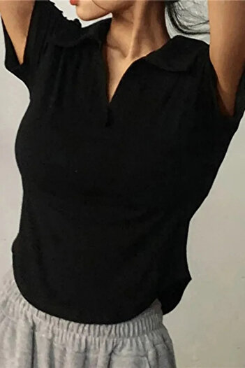 Köstebek Black Oval Cut V Polo Neck Short Sleeve Crop