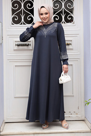 N.S NEVA STYLE Χάντρες Κεντημένο Μπλε Ναυτικό Φόρεμα Hijab 23815L