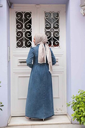 N.S NEVA STYLE Dark Blue Hijab Denim Dress with Pocket Detail 19150Km