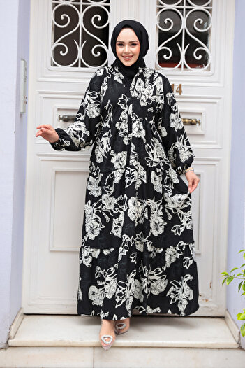 N.S NEVA STYLE Floral Patterned Black Viscose Hijab Dress 23588S