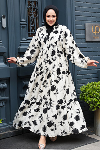 N.S NEVA STYLE Floral Patterned Ecru Viscose Hijab Dress 235804E