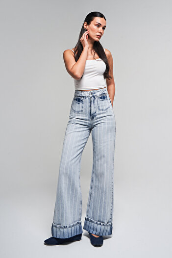 its basic Women's Striped Denim Color 4S5-3 Staright Fit Pocket Detailed 100% Koton Special Fabric Denim Jean