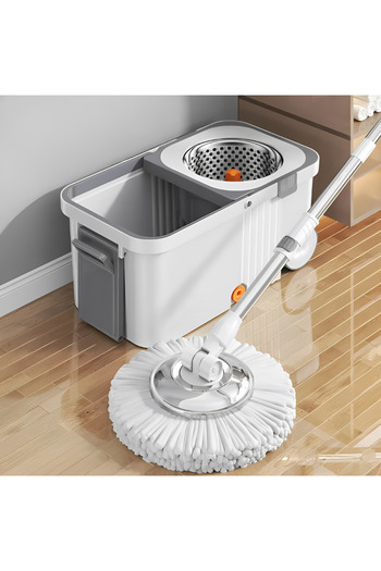 Herum Spin Mop Set with Wheeled Bucket and Centrifugal Wringer, White/Grey, 10L, 4 Cloths Included
