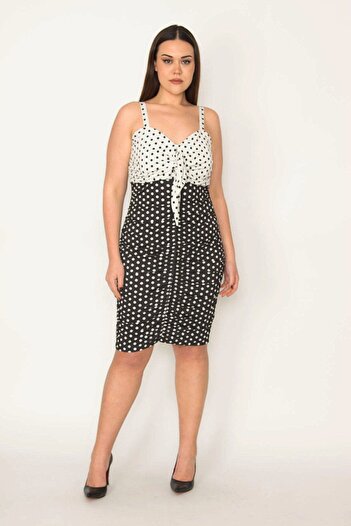 Şans Women's Large Size Black Gather Detailed Point Pattern Strap Dress 65n31795