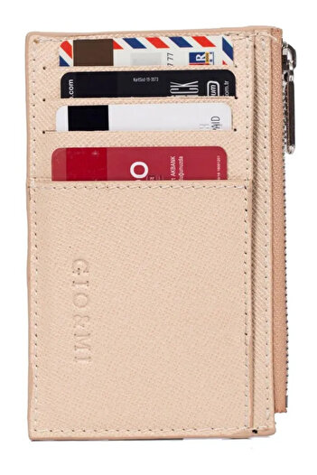 gio&mi Glorya Genuine Leather Women's Beige Card Holder Wallet with Coin Compartment Zipper