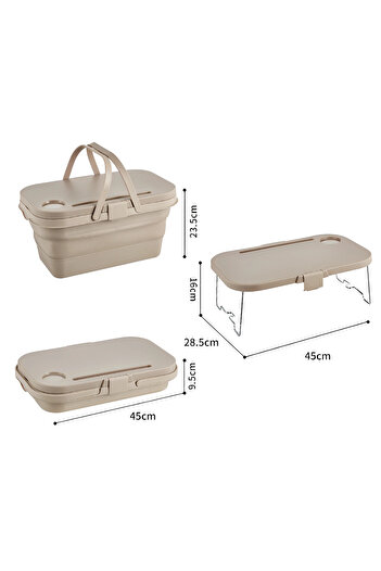 Herum Folding camping table set, folding basket with lid, for picnic, Beige, 2 pieces