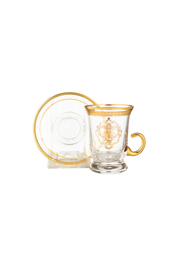 Dania Turkish crystal tea cup set laser engraved with a golden sword and palm tree logo 6 cups + 6 saucers