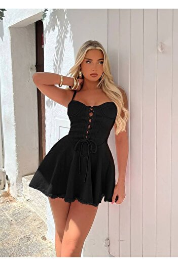 Diviny Women's Black Strap Chest Drawstring Binding Detail Mini Denim Flared Dress