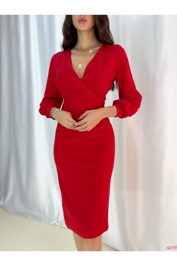 Planet Prestige Rochie midi roșie cu guler cu mâneci cu manșete