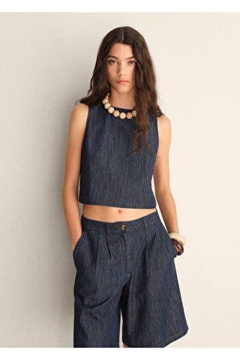 MANGO Woman Rinse Wash Denim Crop Blouse