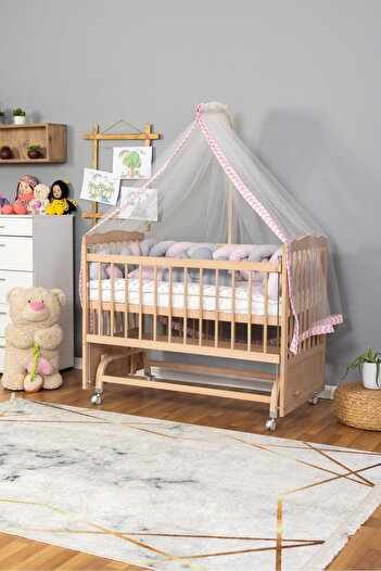 Bamgidoo Ahşap Beşik Anne Yanı Beşik Organik 60x120 - Pembe Gri Örgü Uyku Seti Seti + Yatak + Tekerlekli