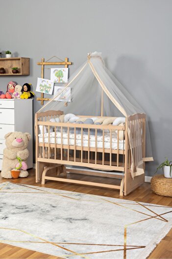 Bamgidoo Ahşap Beşik Anne Yanı Beşik Organik 60x120 - Krem Beyaz Örgü Uyku Seti Seti + Yatak