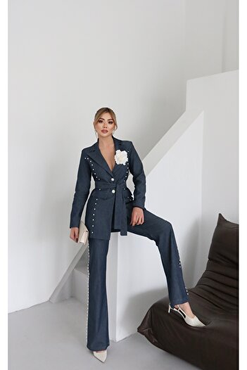 1Moda1Tarz Women's Imported Denim Fabric Pearl Embroidered Belted Lined Rose Accessory Special Design Jacket Pants Suit