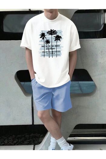 LEONE KOLEKSİYON White&Blue Tropical Printed Short Sleeve T-Shirt and Shorts Two Piece Set