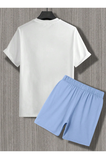 LEONE KOLEKSİYON White&Blue Tropical Printed Short Sleeve T-Shirt and Shorts Two Piece Set