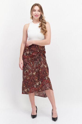 PROMOD Women Allover Printed Basic Midi Skirt, Brown Combo