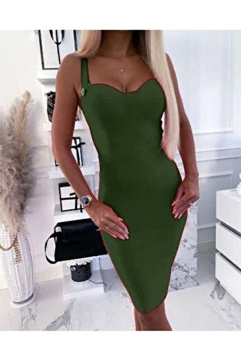 buğrahayalin Women's Diver Fabric Buttoned Zipper Strap Dress