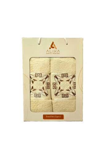 Kotonia Home Set of 2 jacquard bath towels with embroidery, 100% cotton, 50×90 cm and 70×140 cm, ivory, 004