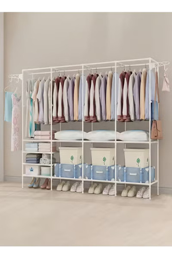 Taimi Metal Clothes Organizer, Multi Functional With Four Sections And Poles For Hanging Clothes White