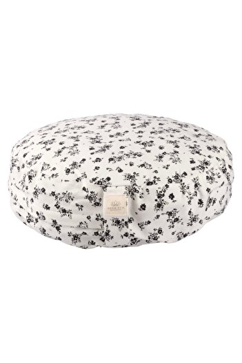 SUN YOGA PİLATES SPOR EKİPMANLARI Sunyoga Zafu Meditation Cushion με γέμιση από φαγόπυρο, λευκό φόντο με μαύρο σχέδιο λουλουδιών