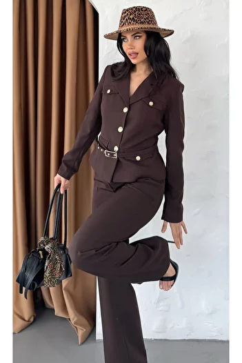 pembekurdelem Women's Belt Detail Classic Jacket Trousers Suit Brown