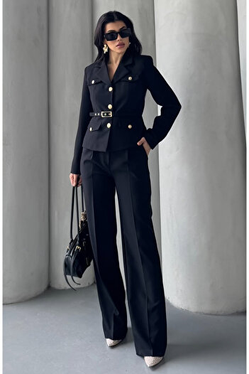 pembekurdelem Women's Belt Detail Classic Jacket Trousers Suit Black