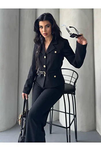 pembekurdelem Women's Belt Detail Classic Jacket Trousers Suit Black