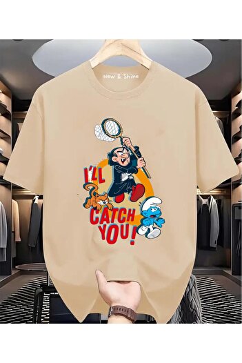 New Shine Şirinler Gargamel Baskılı Büyük Beden Oversize T-Shirt
