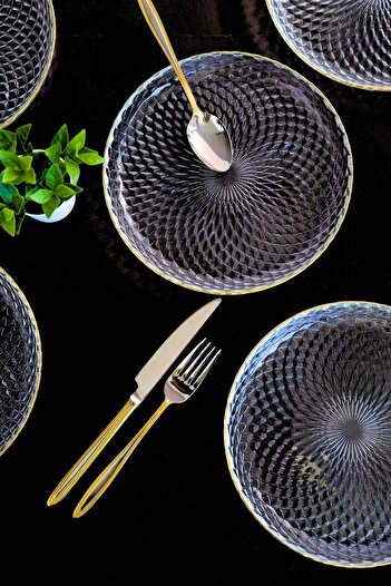 tabakevi TABAK EVİ Altın Yaldız Cam Pasta Tabağı 19cm 6 lı 2339