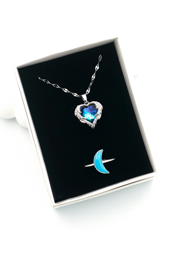 The Collection Heart Sky Model Silver Women's Zircon Stone Steel Necklace and Blue Moon Ring