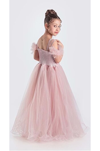 Mnk Baby&Kids Uzun Etek Kız Çocuk Robası Şifon Abiye M00723 PUDRA
