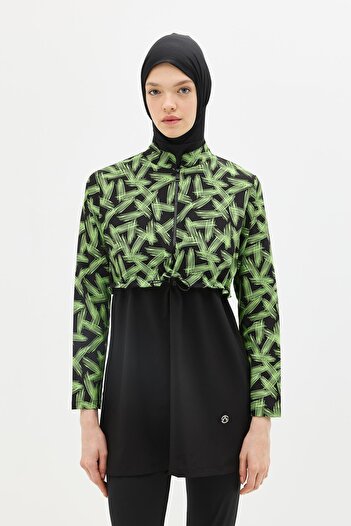 C&City Patterned Gathered Waist 4-Piece Hijab Swimsuit 6220 Green/Black