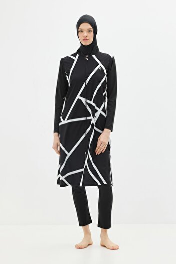 C&City Long Tunic 4-Piece Hijab Swimsuit 6049 Black/White