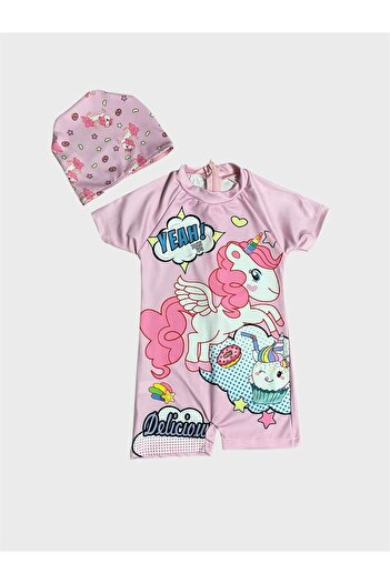 ALİŞ KİDS Girl's Pink Unicorn Patterned Short Sleeve Bonnet Protected Swimsuit